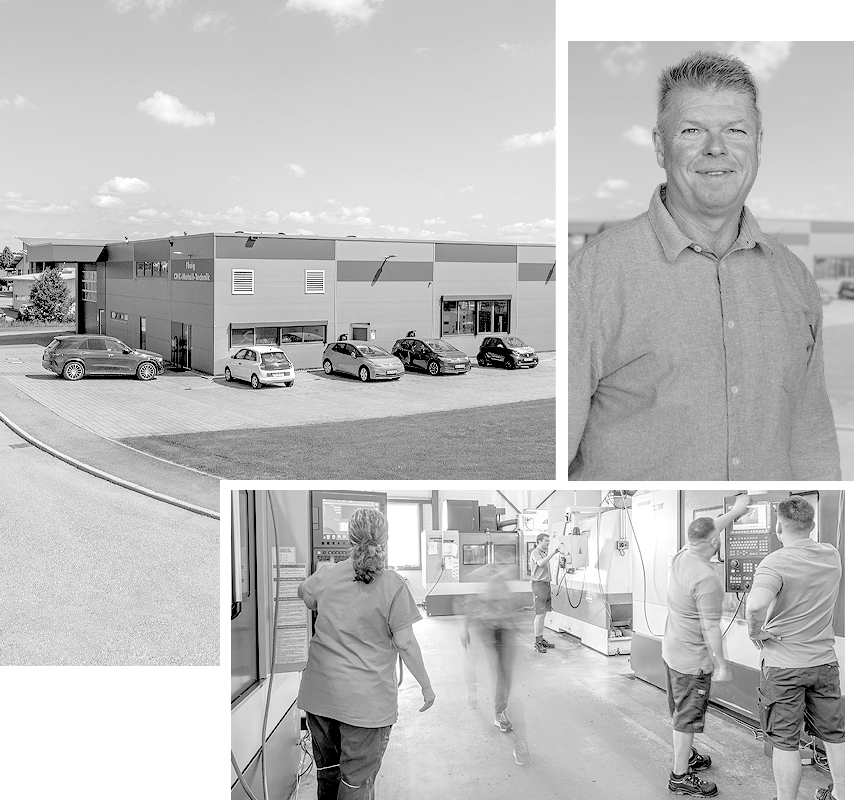 Fotocollage Firmengebäude, Bernd Flaig und der Produktion