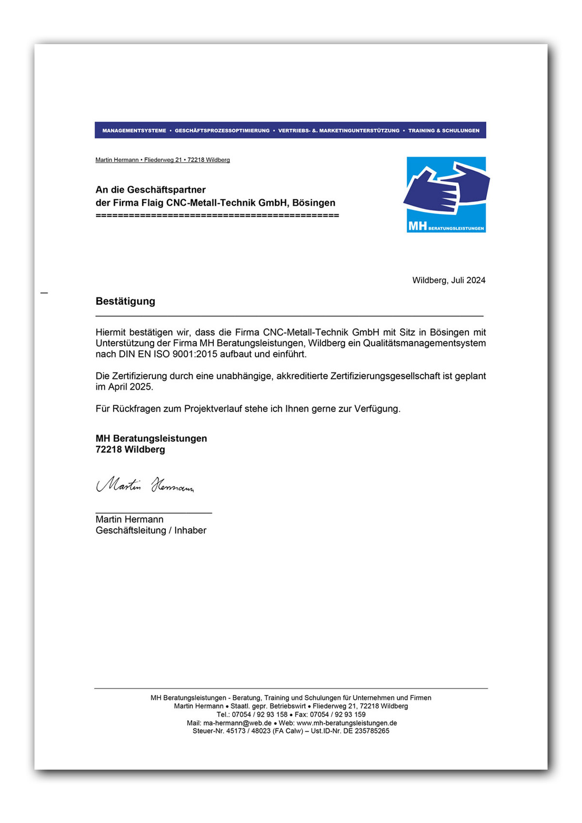 Briefkopf nach DIN EN ISO 9001 vorgabe des Qualitätsmanagment